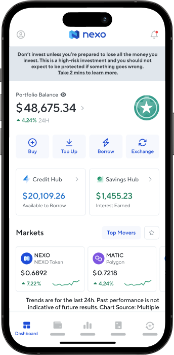 A render of a phone showing the NEXO App Dashboard
