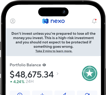 A render of a phone showing the NEXO App Dashboard